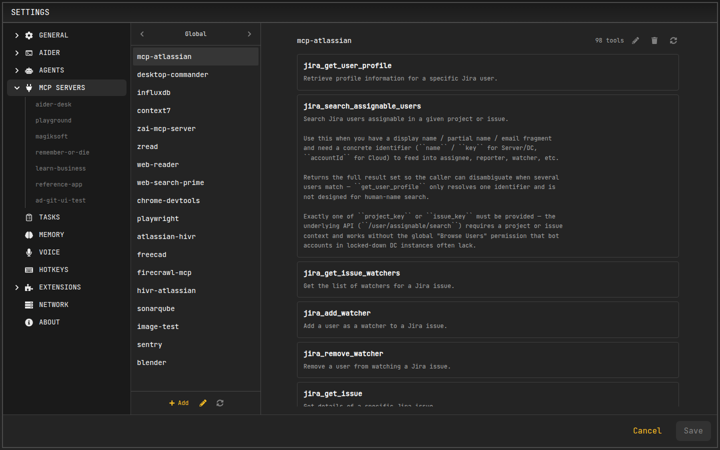 MCP Servers settings tab