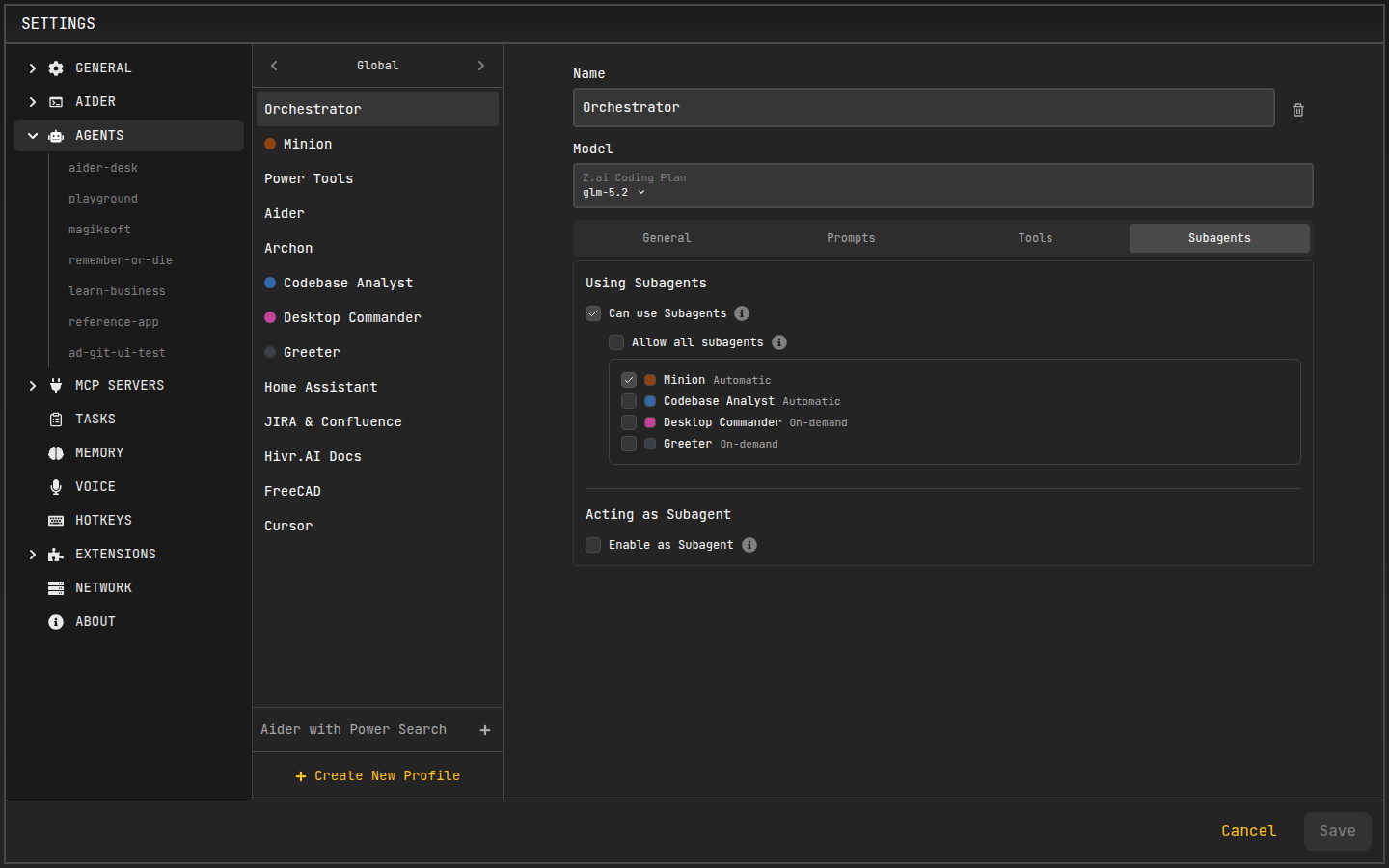 Subagent configuration in an agent profile