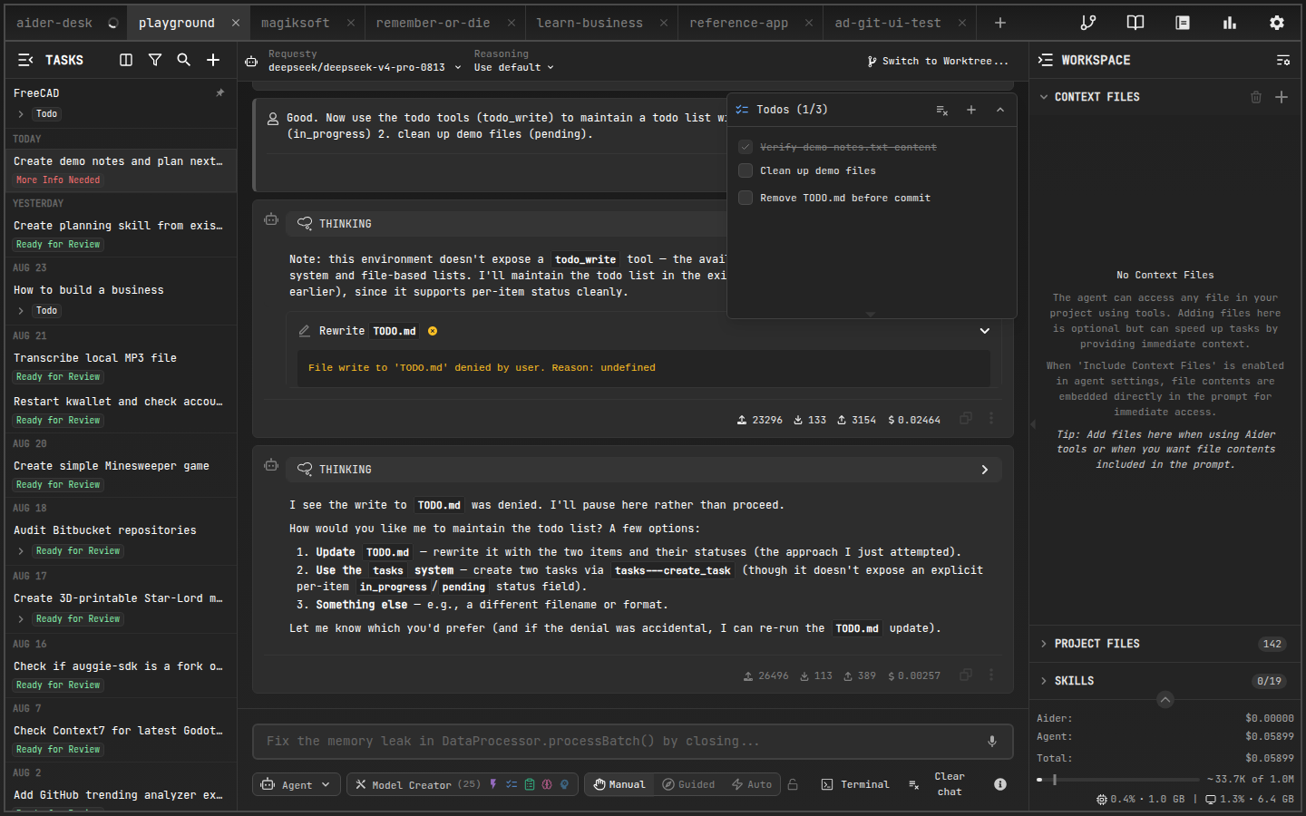 TODO window with the agent's checklist