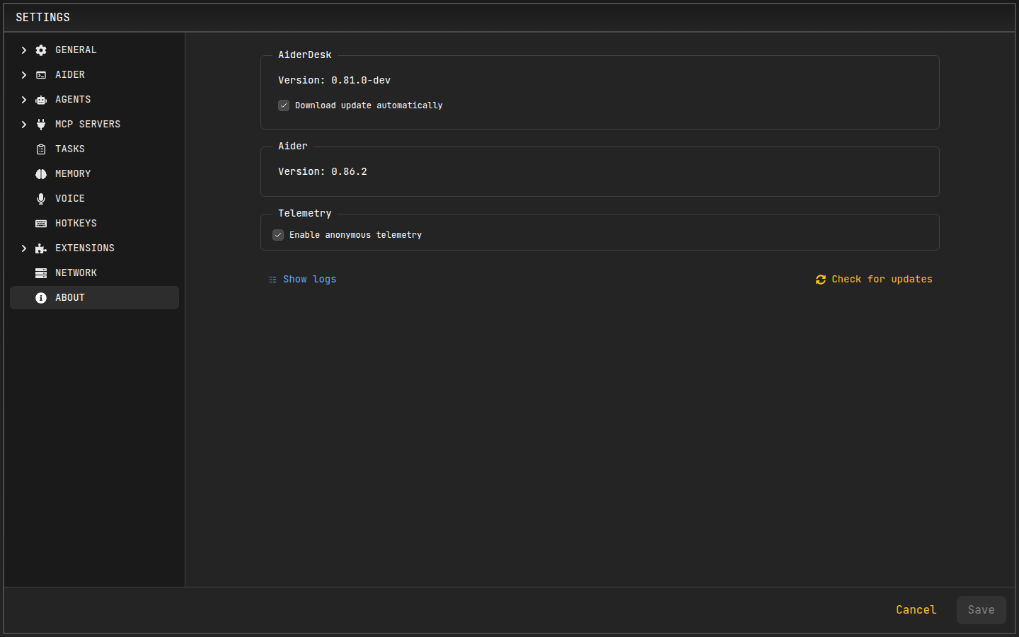 Telemetry toggle in the About settings page