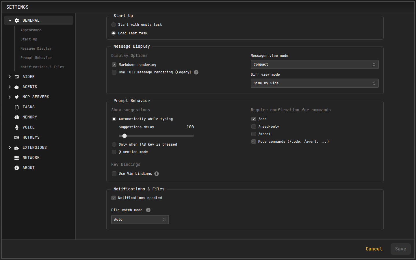Prompt Behavior and Key Bindings options in Settings > General