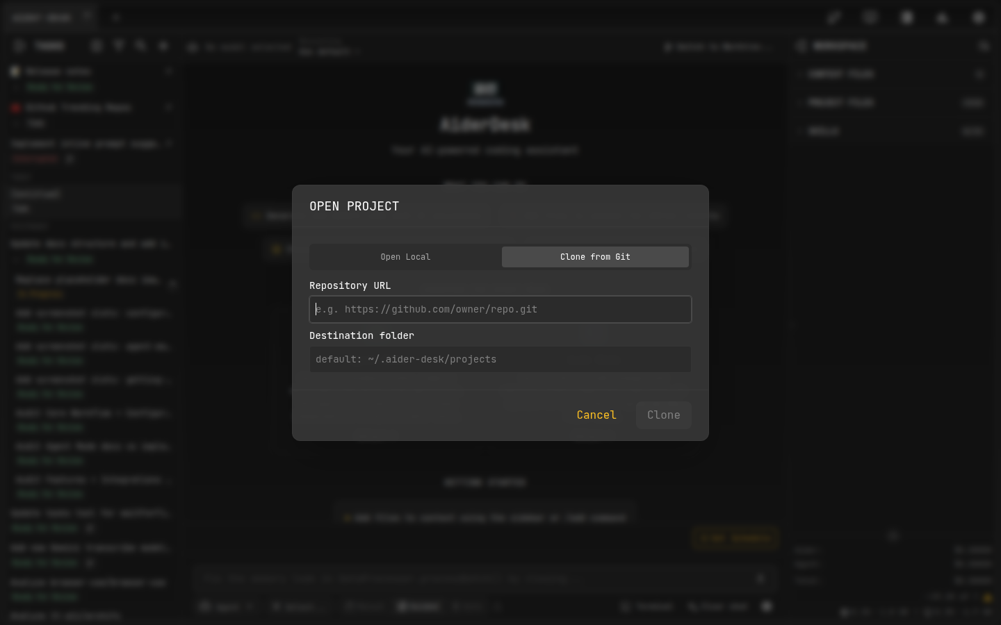 Open Project dialog with clone option