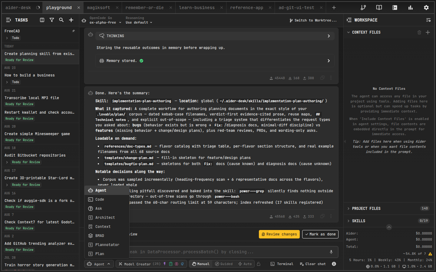 Chat mode selector dropdown in the prompt area