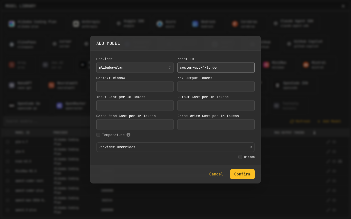 Add Model dialog with token and cost fields