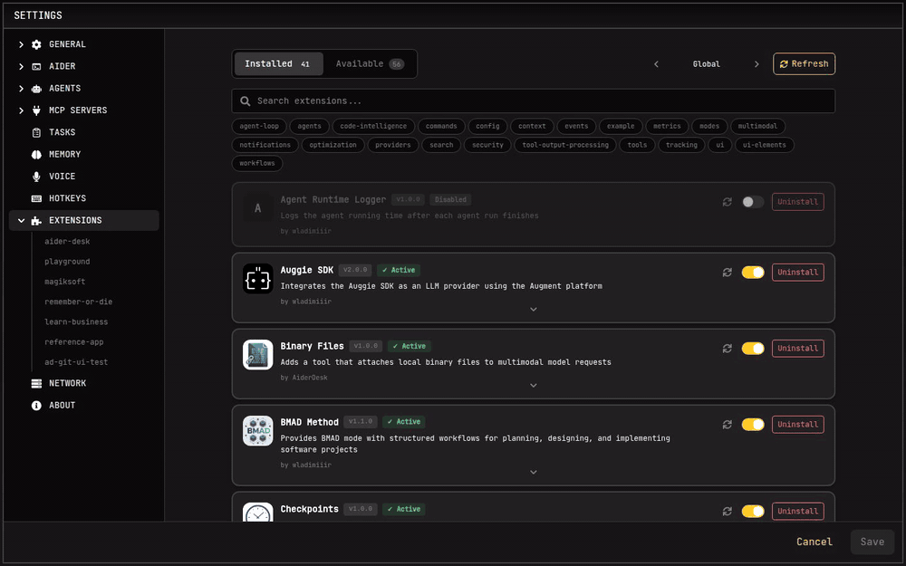 Extensions tab in Settings showing installed and available extensions