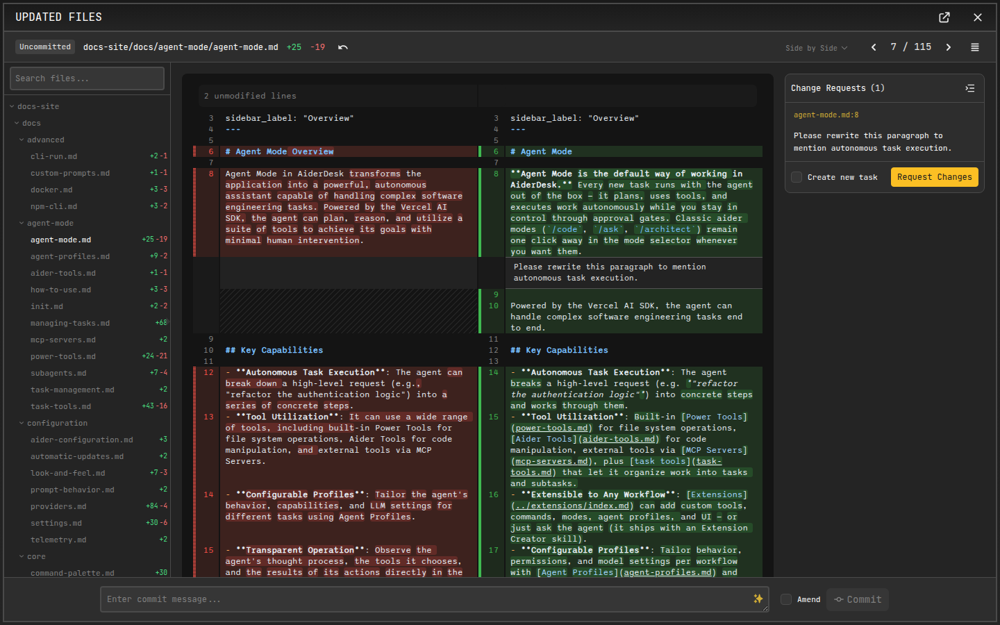 Diff view with an inline request