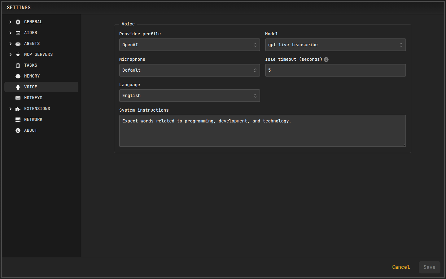 Voice settings