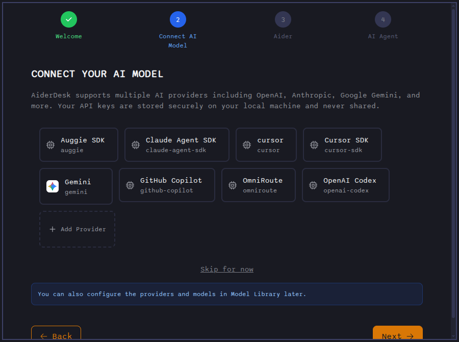 Onboarding Connect Model step with provider picker and API key input