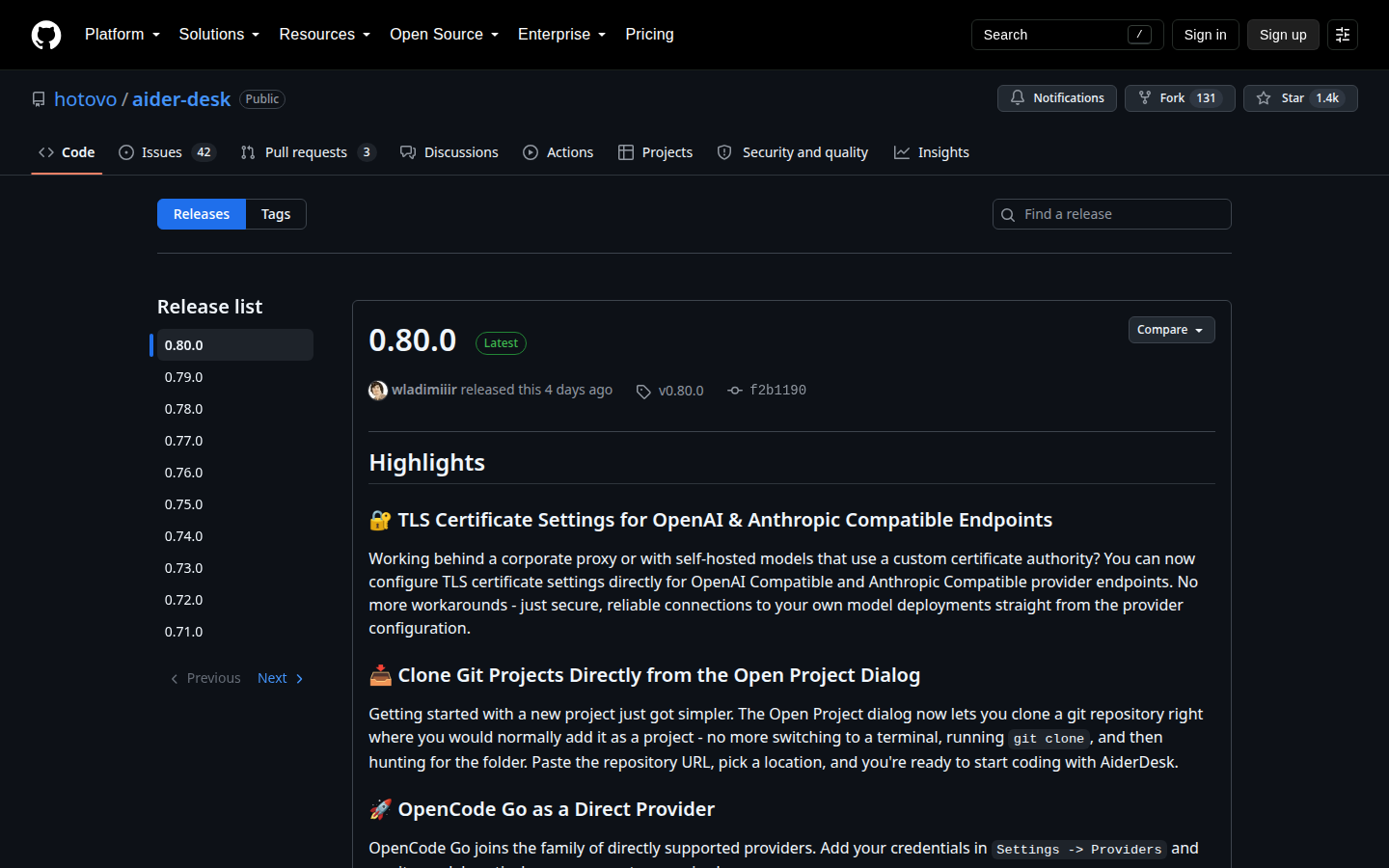 GitHub Releases page with AiderDesk installers for each OS
