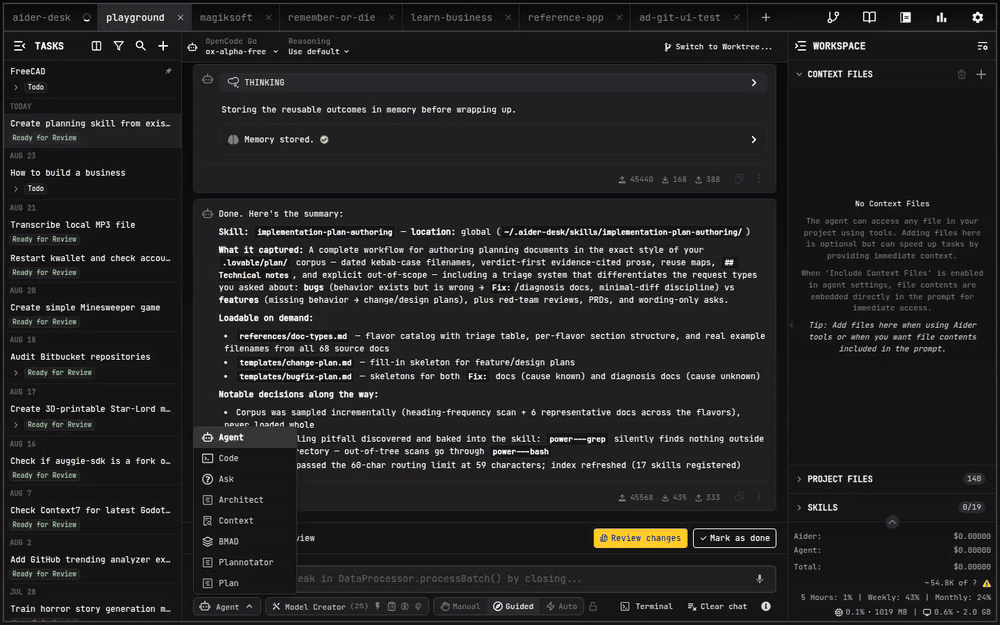 Mode selector showing Agent option