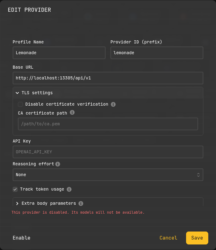 TLS certificate settings for compatible provider endpoints