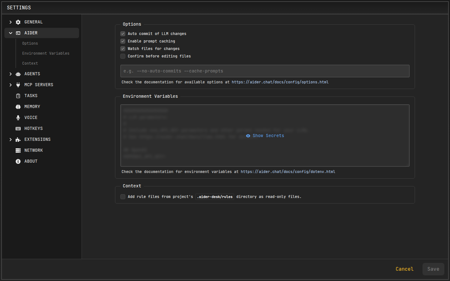 Aider settings tab with options and environment variables